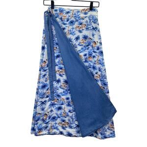 FAHERTY Nola Reversible Wrap Skirt Havana Bungalow Sz S Blue Chambray Tropical